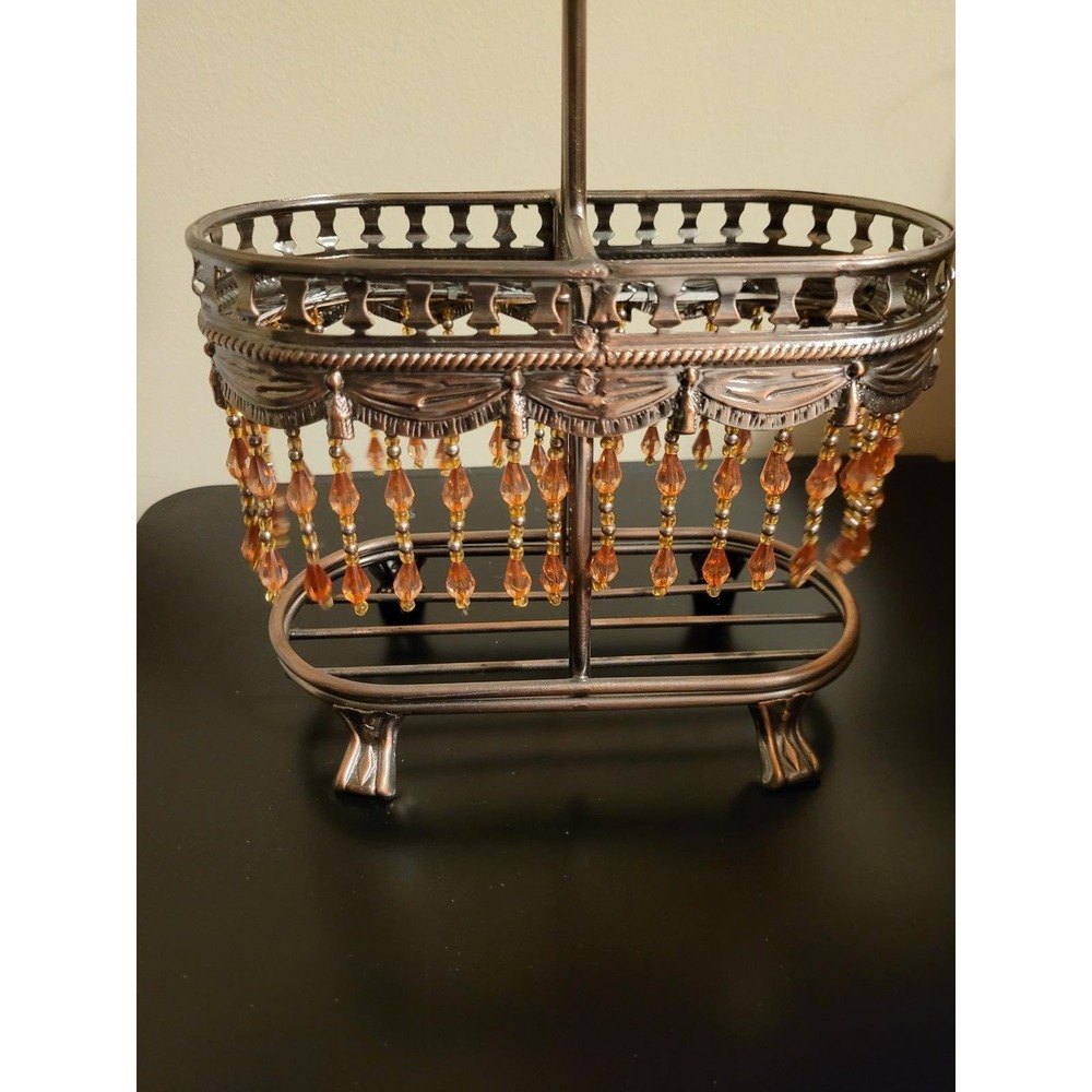 Wine Bottle Caddy Victorian Ornate Metal Beaded Fringe Bronze Scroll Barware - Picture 2 of 6